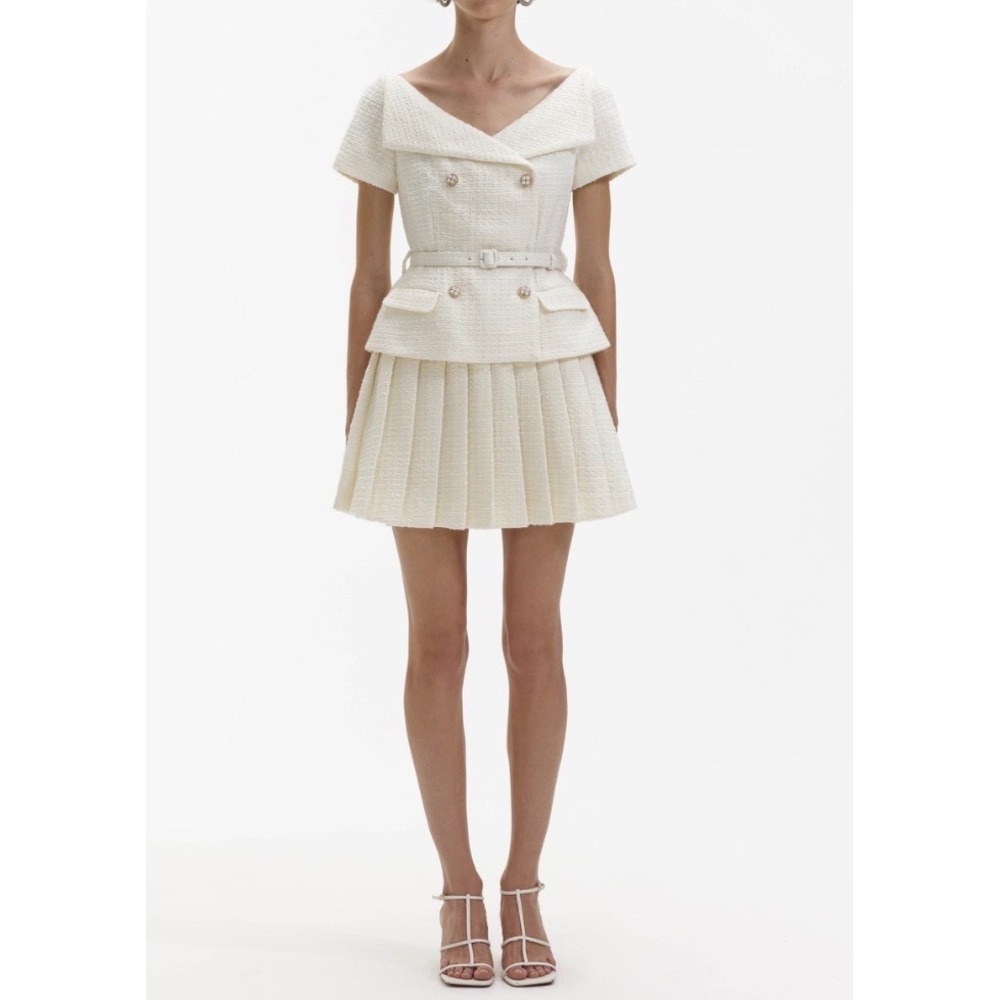 Self-Portrait Cream Boucle Pleated Mini Dress US 8 Pearl Button Belted Wedding